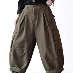 Vintage Washed Workwear Pants | High Waist Balloon Jeans, Artisan Dyed Cargo Style Brown