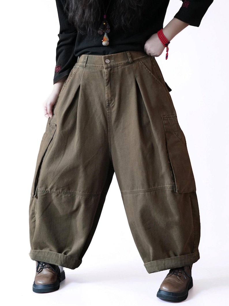 Vintage Washed Workwear Pants | High Waist Balloon Jeans, Artisan Dyed Cargo Style Brown