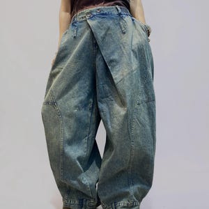 Washed Denim Harem Pants, Wide Leg Drop Crotch, Boho Streetwear Trousers image 2