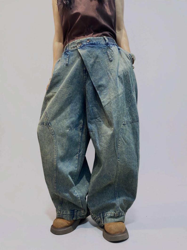 Washed Denim Harem Pants, Wide Leg Drop Crotch, Boho Streetwear Trousers image 2