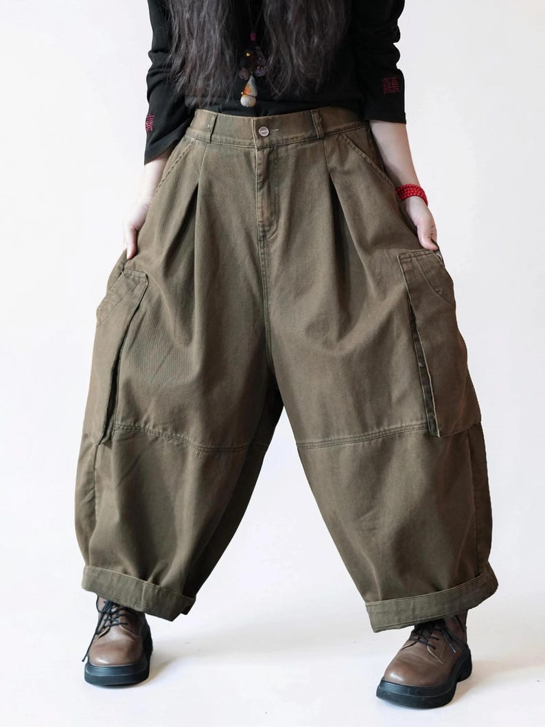 Vintage Washed Workwear Pants | High Waist Balloon Jeans, Artisan Dyed Cargo Style image 8