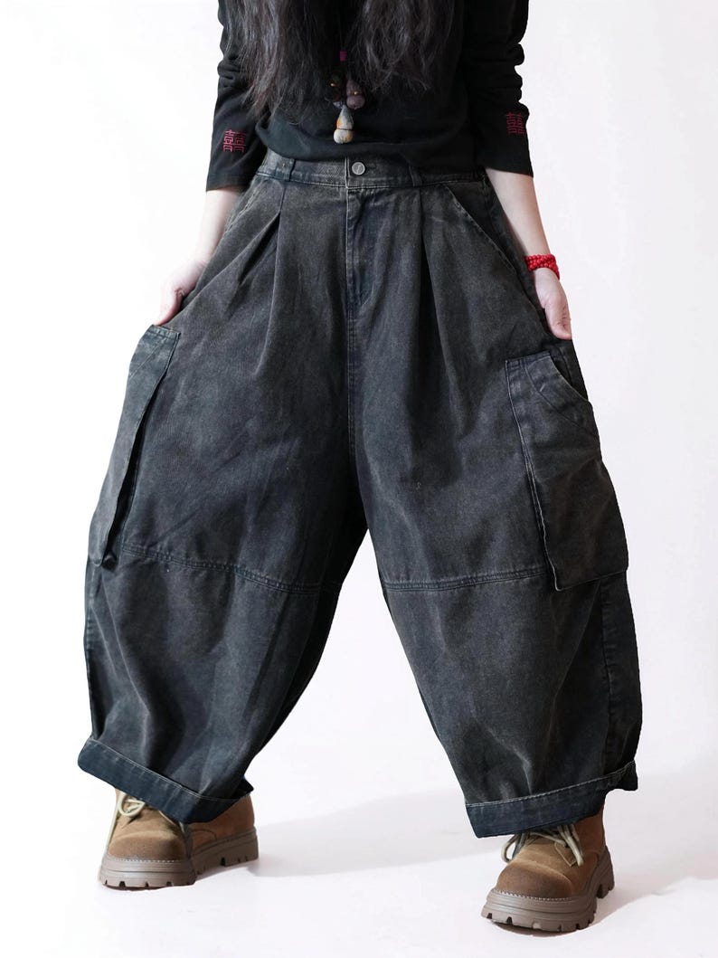 Vintage Washed Workwear Pants | High Waist Balloon Jeans, Artisan Dyed Cargo Style image 4