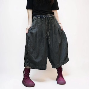 Smoky Black Patchwork Harem Pants: Washed Denim Look, Relaxed wide leg, Boho Style