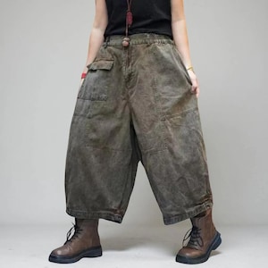 Washed Vintage Cargo Harem Pants | Wide-Leg Tapered Denim Look