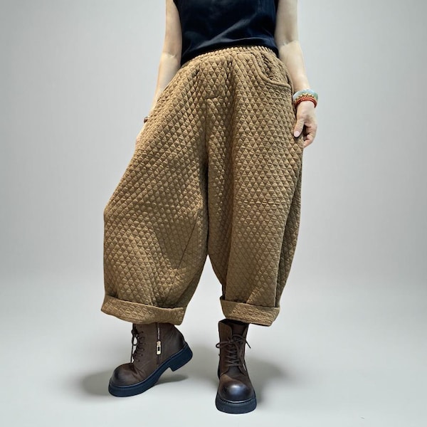 Quilted  Harem Pants | Unisex Balloon Trousers, Elastic Waist
