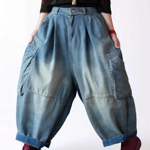 Vintage Washed Workwear Pants | High Waist Balloon Jeans, Artisan Dyed Cargo Style image 11