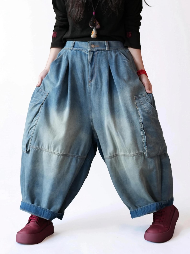 Vintage Washed Workwear Pants | High Waist Balloon Jeans, Artisan Dyed Cargo Style image 11