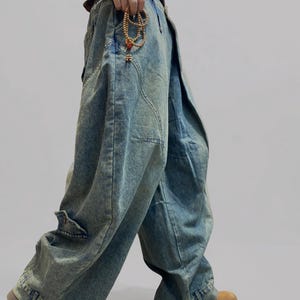 Washed Denim Harem Pants, Wide Leg Drop Crotch, Boho Streetwear Trousers image 5