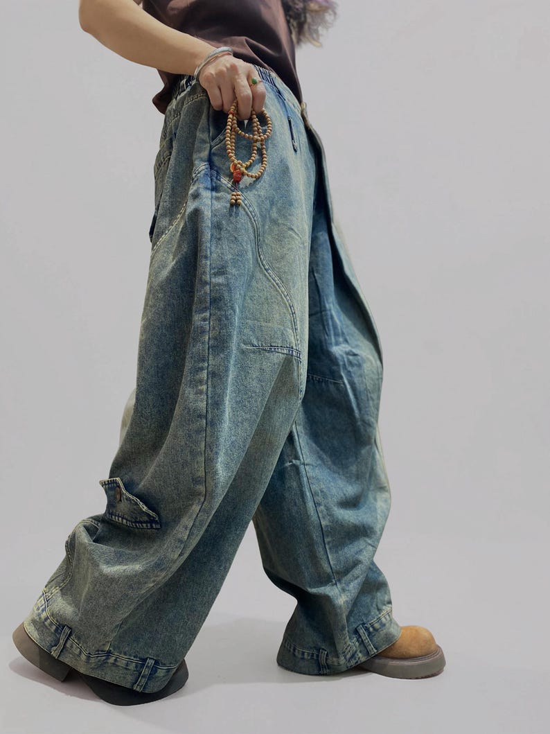 Washed Denim Harem Pants, Wide Leg Drop Crotch, Boho Streetwear Trousers image 5