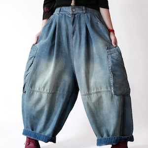 Vintage Washed Workwear Pants | High Waist Balloon Jeans, Artisan Dyed Cargo Style Denim Blue