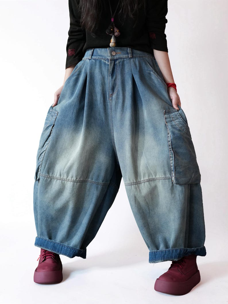Vintage Washed Workwear Pants | High Waist Balloon Jeans, Artisan Dyed Cargo Style Denim Blue