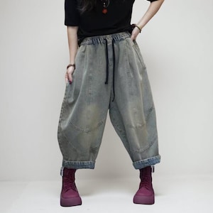 Patchwork Harem Pants: Washed Denim Look, Boho Drop Crotch Trousers