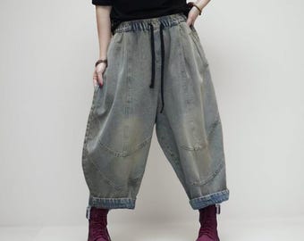 Patchwork Harem Pants: Washed Denim Look, Boho Drop Crotch Trousers