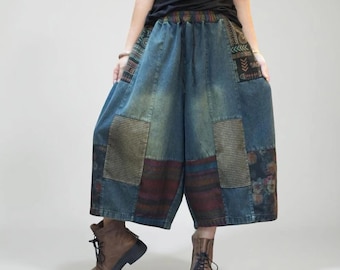 Patchwork Denim Harem Pants | Boho Wide Leg Jeans | Vintage Artsy Loose Pants | Casual Streetwear