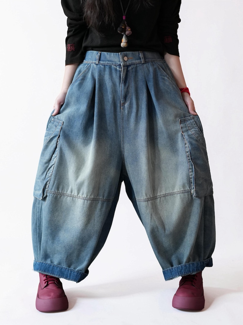 Vintage Washed Workwear Pants | High Waist Balloon Jeans, Artisan Dyed Cargo Style image 12