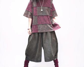 Patchwork Harem Pants: Washed Denim Look, Relaxed wide leg, Boho Style