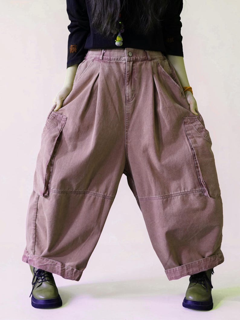 Vintage Washed Workwear Pants | High Waist Balloon Jeans, Artisan Dyed Cargo Style image 5