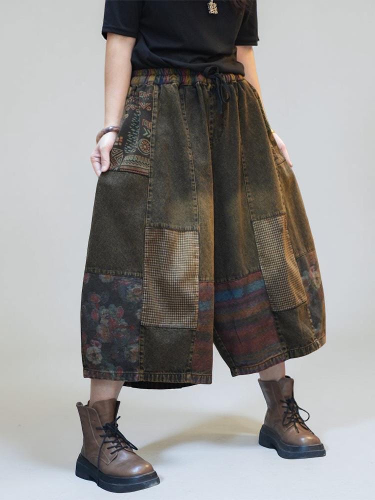 Jeans Harem A Gamba Larga Donna – Stile Distrutto Patchwork, Vita Elastica Con Coulisse, Tasche Laterali