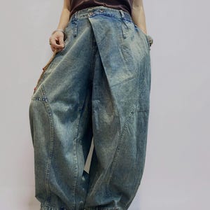 Washed Denim Harem Pants, Wide Leg Drop Crotch, Boho Streetwear Trousers image 6