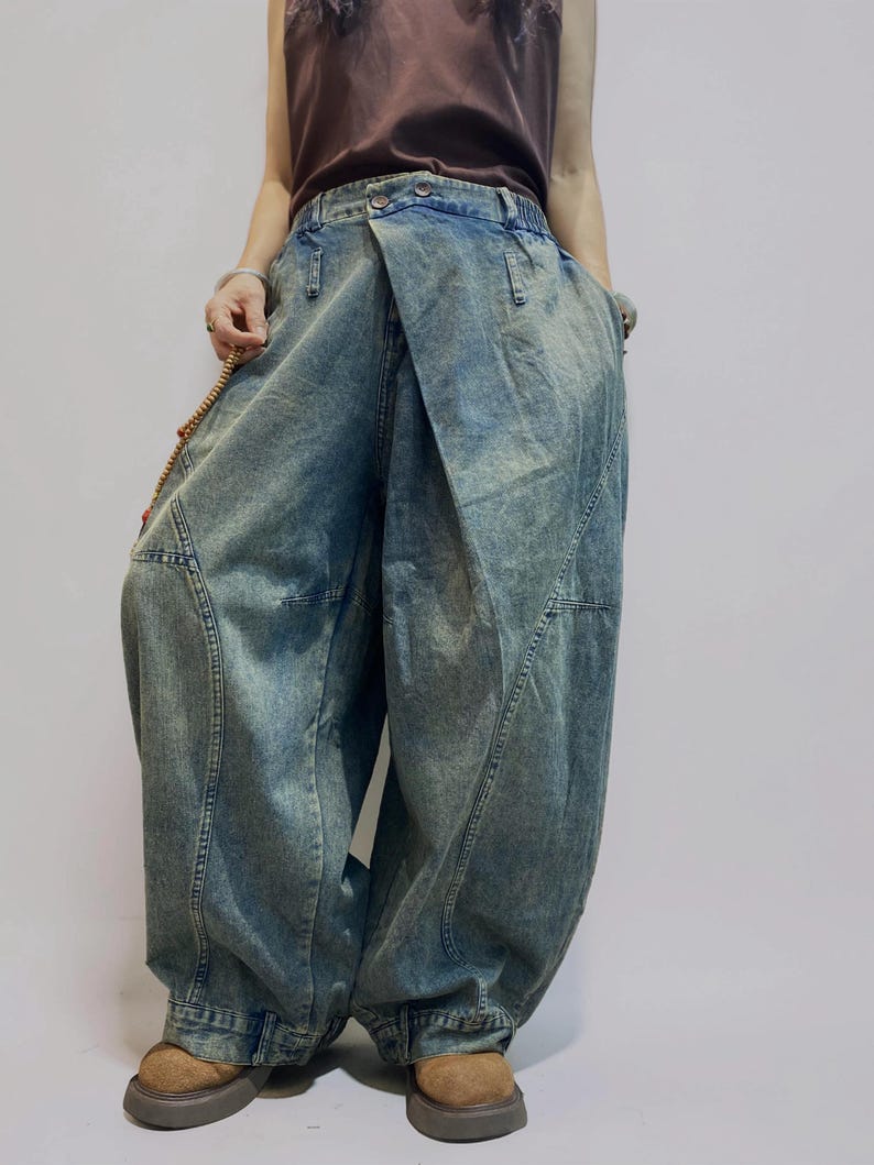 Washed Denim Harem Pants, Wide Leg Drop Crotch, Boho Streetwear Trousers image 6