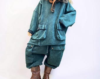 Vintage Washed Cotton Two Piece Set, Oversized Utility Top and Baggy Harem Pants, Avant Garde Streetwear