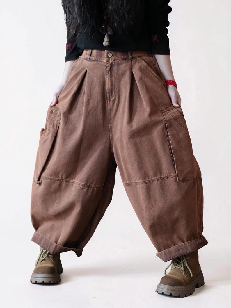 Vintage Washed Workwear Pants | High Waist Balloon Jeans, Artisan Dyed Cargo Style Rose Brown