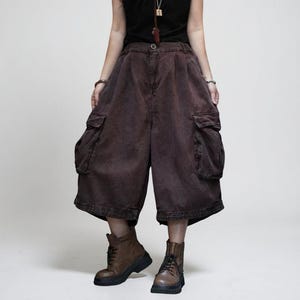 Vintage Washed Cropped Cargo Harem Pants -Unisex Mid-Calf Wide Leg Utility Pants, Drop Crotch