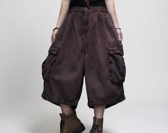Vintage Washed Cropped Cargo Harem Pants -Unisex Mid-Calf Wide Leg Utility Pants, Drop Crotch