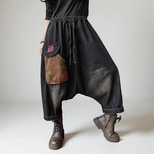 Baggy Harem Jeans: Drop Crotch Denim Pants with Patch Pocket