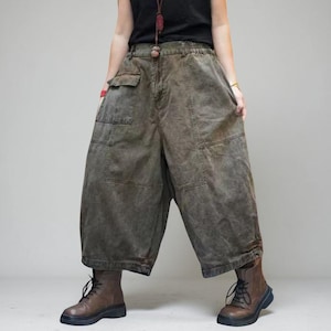 Washed Vintage Cargo Harem Pants | Wide-Leg Tapered Denim Look