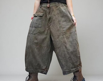 Washed Vintage Cargo Harem Pants | Wide-Leg Tapered Denim Look