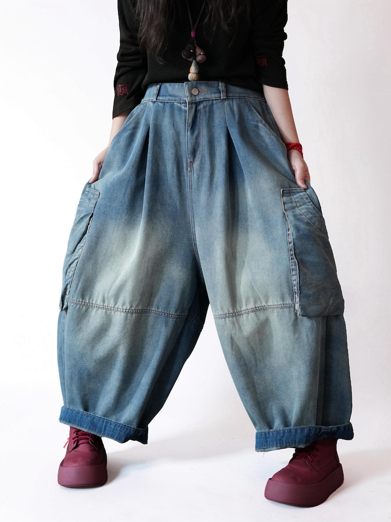 Vintage Washed Workwear Pants | High Waist Balloon Jeans, Artisan Dyed Cargo Style image 13