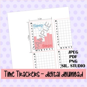 Puede incluir: Hojas de seguimiento del tiempo imprimibles con un gráfico de muestra que muestra el sueño y los pasos. El gráfico está etiquetado con los días de la semana y tiene una escala del 1 al 10. El texto "Time Trackers - descarga digital" está en la parte inferior de la imagen. La imagen también incluye los tipos de archivos disponibles para descargar: JPEG, PDF, PNG y SIL. STUDIO.