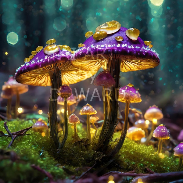 Adobe Professional AI Purple Mushrooms with Yellow Dew drops