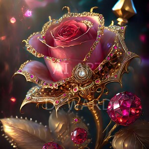 May include: A single, large, red rose with gold accents and pink jewels. The rose is surrounded by smaller, red jewels and gold leaves.