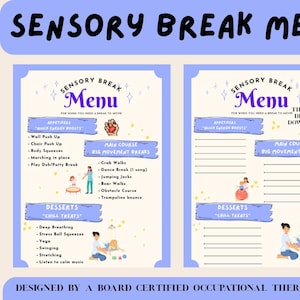 Menu przerw sensorycznych dla dzieci | Wydrukowana tabela aktywności uspokajających | Pomysły na przerwy mózgowe | Narzędzie terapii zajęciowej do regulacji emocji