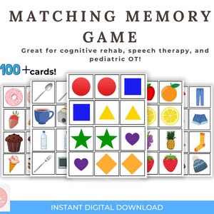 Jogo de memória para adultos e crianças – Atividade de terapia cognitiva para impressão para terapia ocupacional, fonoaudiologia e reabilitação cognitiva