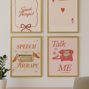 May include: Four framed art prints with gold frames. The prints feature text and illustrations in shades of red and pink. One print says "Speech Therapist", another says "You're a guru of communication", and two others say "Speech Therapy" and "Talk to Me".