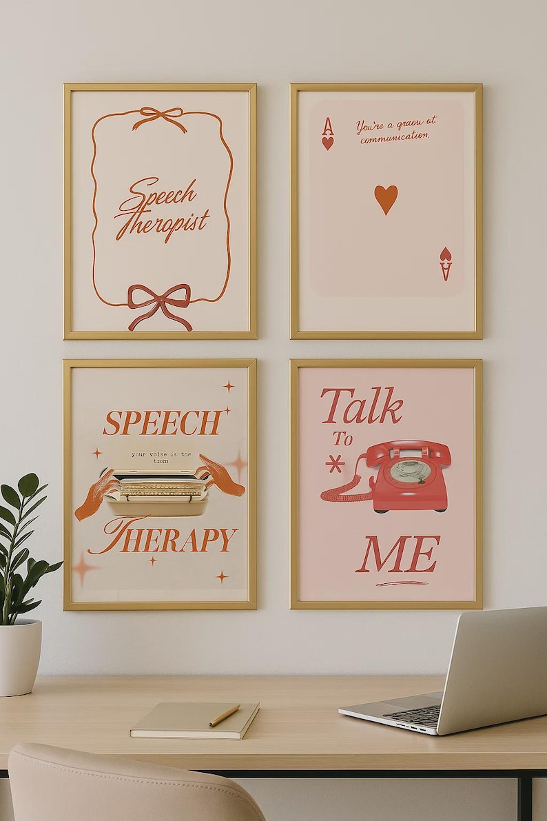 May include: Four framed art prints with gold frames. The prints feature text and illustrations in shades of red and pink. One print says "Speech Therapist", another says "You're a guru of communication", and two others say "Speech Therapy" and "Talk to Me".