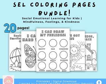 May include: A bundle of SEL colouring pages for children, with 20 pages. The pages include illustrations and prompts for exploring emotions, mindfulness, and kindness. The cover text reads "SEL COLORING PAGES BUNDLE!" with the text "I CAN DRAW MY FEELINGS!" on one page.