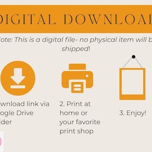May include: An orange graphic with the words "DIGITAL DOWNLOAD" at the top. Below are instructions for downloading, printing, and enjoying a digital file. The image includes icons for download, print, and a framed picture.
