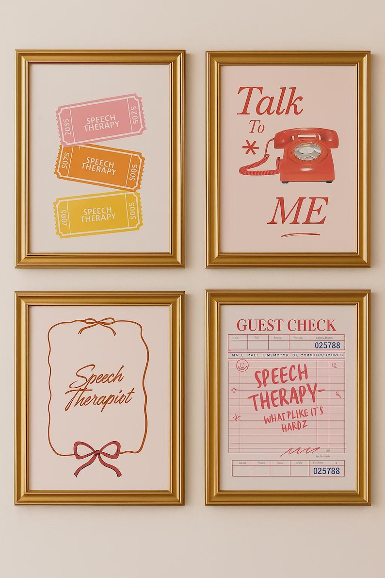 May include: Four framed prints with gold frames. The prints feature the words "Speech Therapy" on tickets, "Talk to Me" with a red telephone, "Speech Therapist" in script, and a "Guest Check" with "Speech Therapy" and the text "What plike it's hardz".