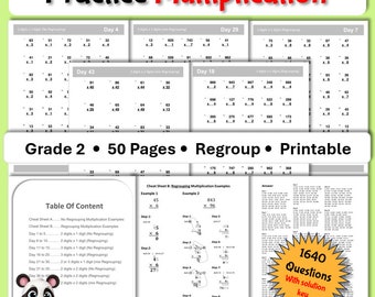Hojas de trabajo de matemáticas - Imprimibles - Descarga instantánea - Multiplicación - 2 dígitos - 3 dígitos - Reagrupación - Sin reagrupación
