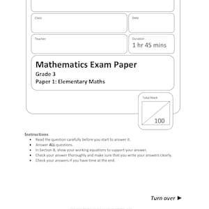 Singapore Maths Mock Exam Paper - Primary 3 - Grade 3 - Printable - Instant download - Exam Paper 1