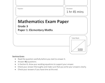 Singapore Maths Mock Exam Paper - Primary 3 - Grade 3 - Printable - Instant download - Exam Paper 1