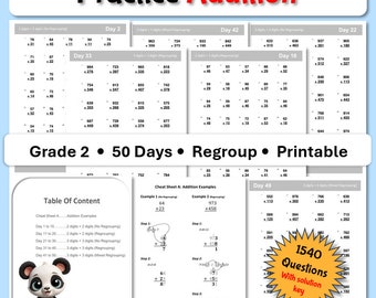 Hojas de trabajo de matemáticas - Imprimibles - Descarga instantánea - Suma - 2 dígitos - 3 dígitos - Reagrupación - Sin reagrupación