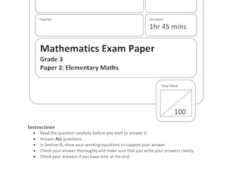 Examen simulado de matemáticas de Singapur - Primaria 3 - Grado 3 - Imprimible - Descarga instantánea - Documento de examen 2