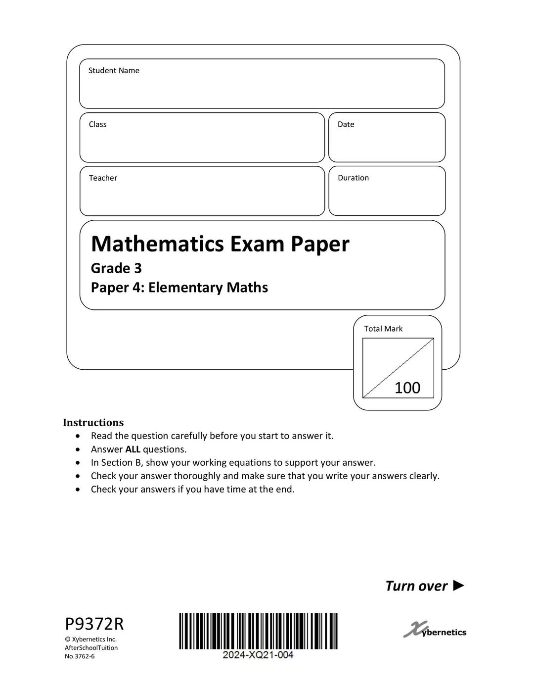 Singapore Maths Mock Exam Paper Primary 3 Grade 3 Printable
