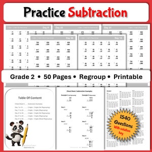 Math Worksheets - Printable - Instant download - Subtraction - 2 digits - 3 digits - Regrouping - No Regrouping
