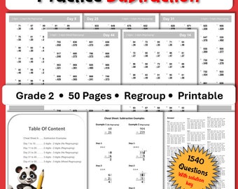 Hojas de trabajo de matemáticas - Imprimibles - Descarga instantánea - Resta - 2 dígitos - 3 dígitos - Reagrupación - Sin reagrupación